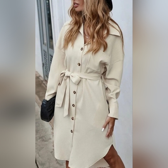 Shein Slant Pockets Curved Hem Button Up Belted Shirt Dress Size M, UK 10 - Picture 4 of 7